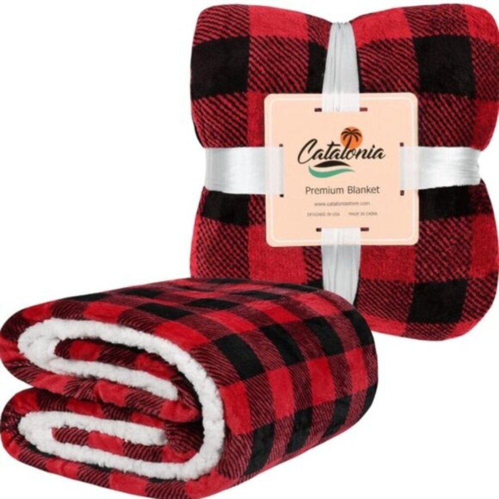 2x Catalonia Classic Red Black Checkered Holiday Blanket Buffalo Plaid Sherpa - Picture 2 of 6
